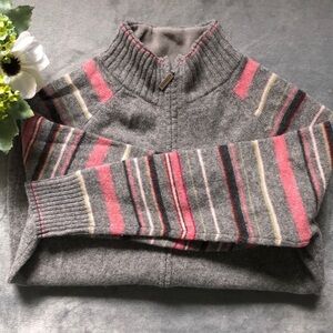 Eddie Bauer Womens Large Petite Lambs Wool Full Zip Stripped Turtleneck Sweater